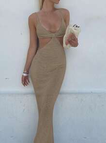 Cut Out Waist Tie Backless Dress - Mocha Brown - View 3