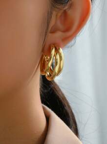 Layered Hoop Earrings - Gold - View 1