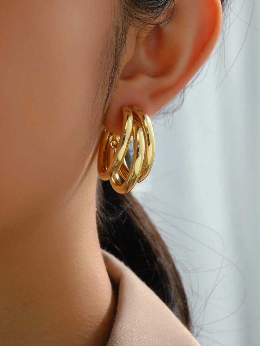 Layered Hoop Earrings - Gold - View 1