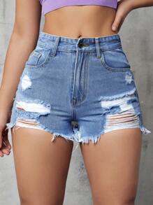 SHEIN EZwear 破洞毛邊牛仔短褲 - 中等水洗藍 - 查看 1