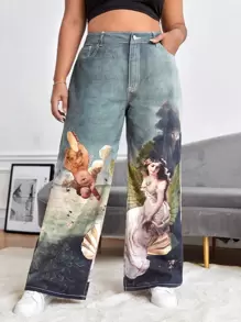 SHEIN EZwear Quần Denim kích thước lớn Nút Túi Dây kéo Con số - Nhiều màu - Xem 1