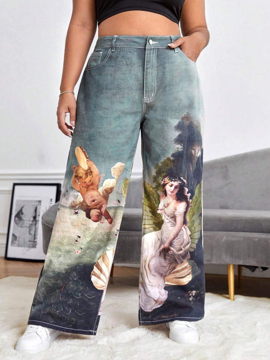 SHEIN EZwear Quần Denim kích thước lớn Nút Túi Dây kéo Con số - Nhiều màu - Xem 1