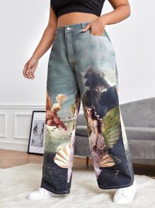 SHEIN EZwear Quần Denim kích thước lớn Nút Túi Dây kéo Con số - Nhiều màu - Xem 3