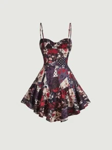 SHEIN MOD Patchwork Print Ruffle Hem Cami Dress - Multicolor - View 2