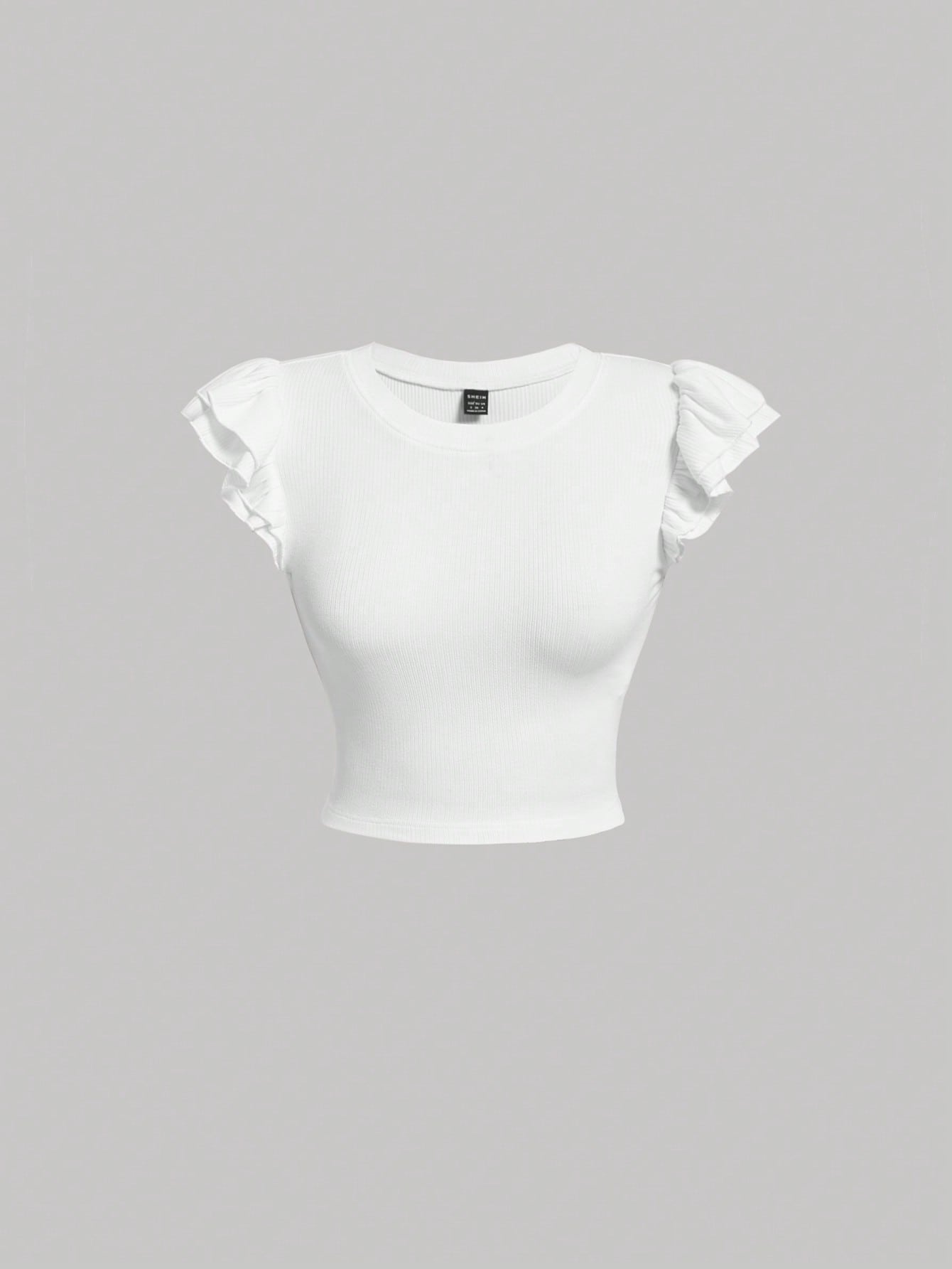 SHEIN MOD Solid Ruffle Trim Double Layer Gathered Flying Sleeves White Crop Tee sw2301058135406252