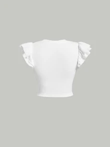 SHEIN MOD Solid Ruffle Trim Double Layer Gathered Cap Sleeves White Crop Tee - White - View 2