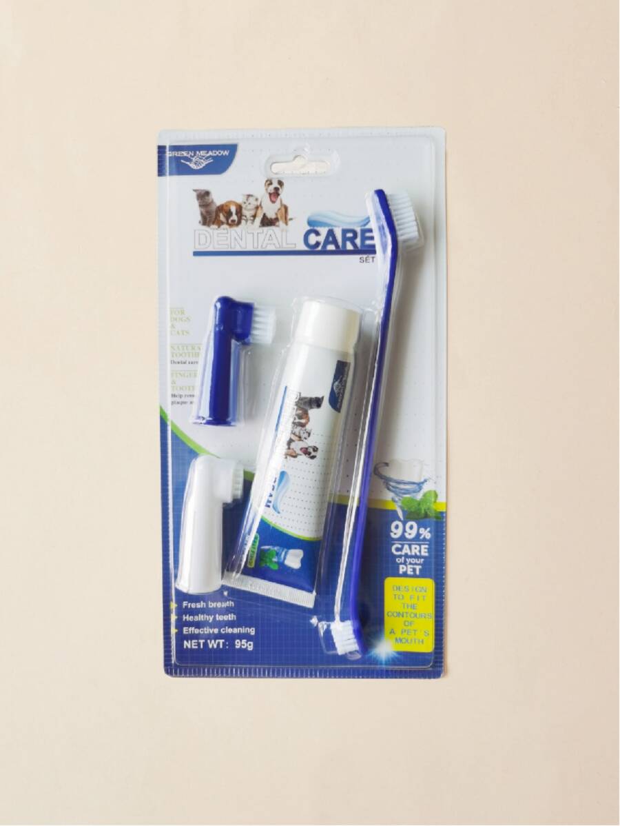 4pcs Pet Toothbrush & Toothpaste Set - Blue and White - View 1