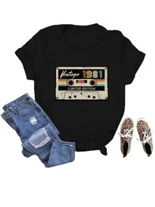 SHEIN EZwear 字母和織帶圖案T恤 - 黑色 - 查看 1