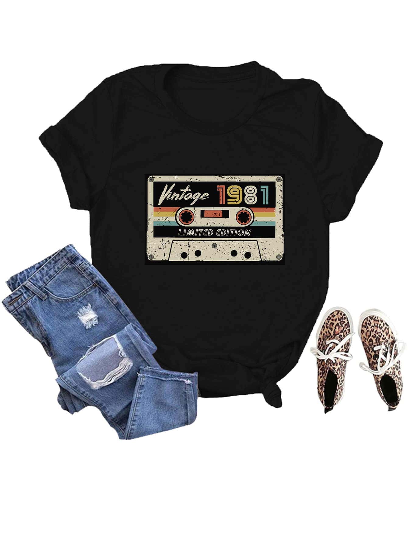 SHEIN EZwear 字母和織帶圖案T恤 - 黑色 - 查看 1