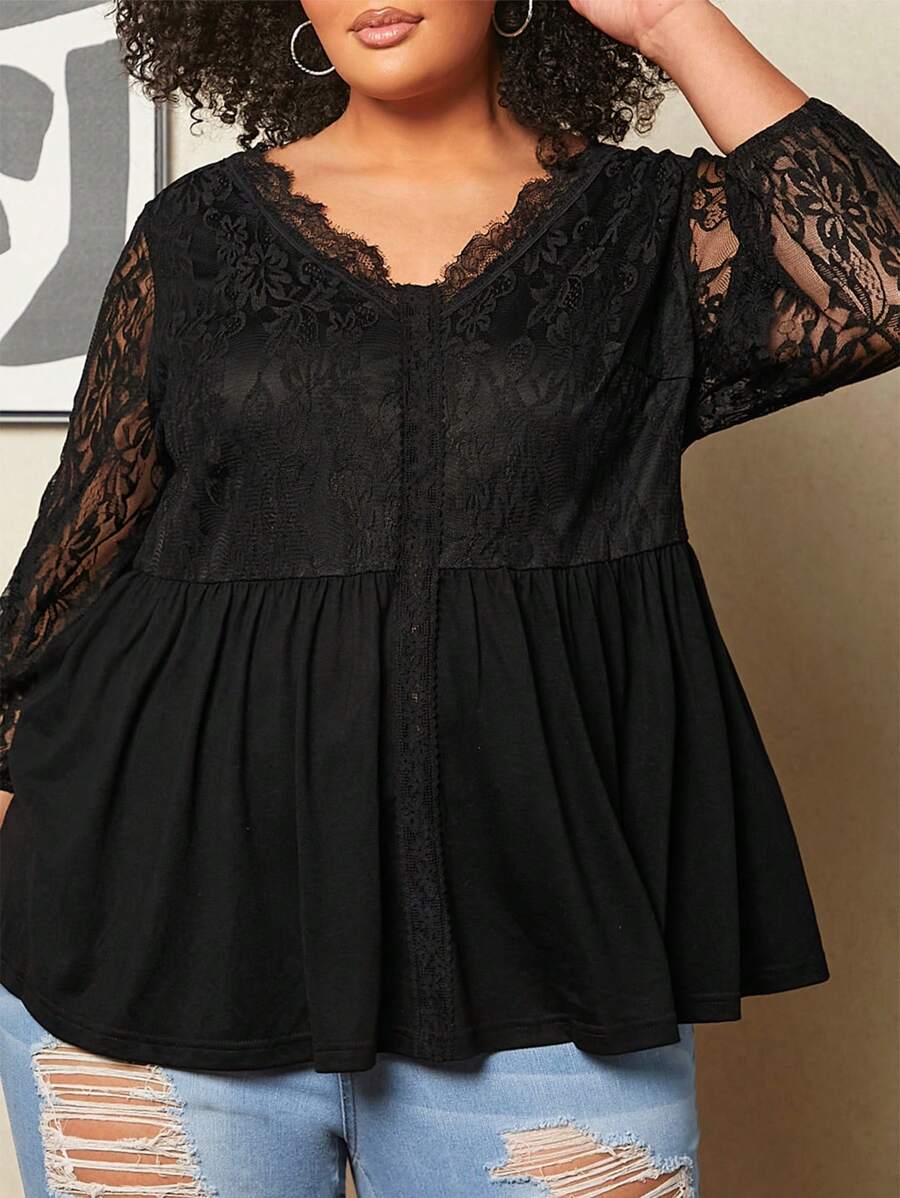SHEIN CURVE+ Plus Contrast Lace Lantern Sleeve Peplum Top - Black - View 1