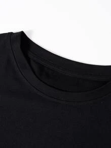 SHEIN EZwear 字母和織帶圖案T恤 - 黑色 - 查看 5