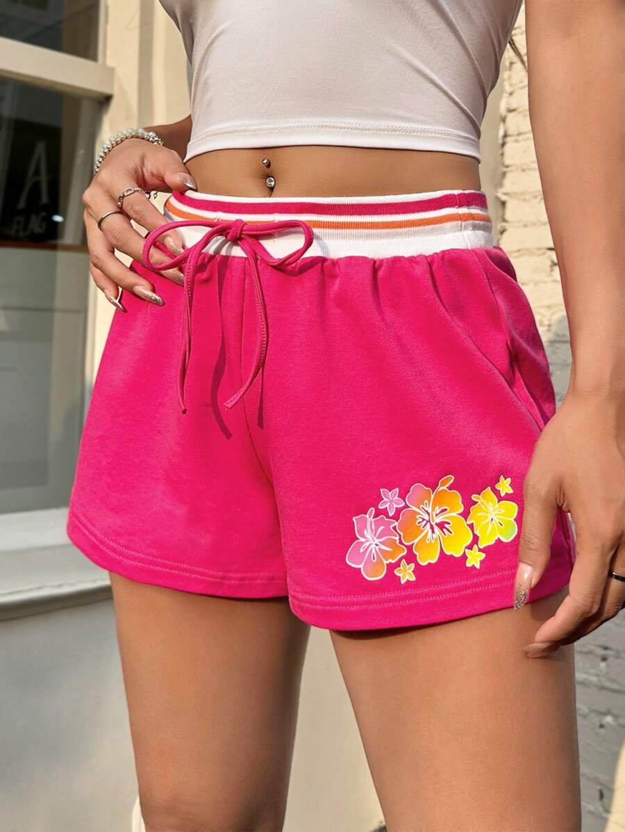 SHEIN EZwear 印花條紋拼接腰部抽繩短褲 - 粉色 - 查看 1