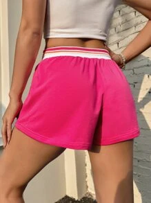 SHEIN EZwear 印花條紋拼接腰部抽繩短褲 - 粉色 - 查看 2