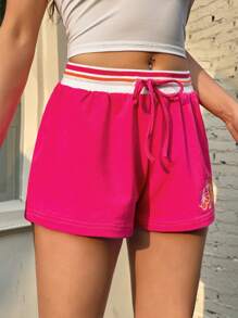 SHEIN EZwear 印花條紋拼接腰部抽繩短褲 - 粉色 - 查看 4