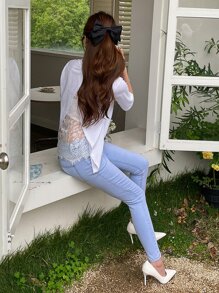 DAZY Áo thun nữ Tương phản ren Trọn gói màu trơn Giải trí - trắng - Xem 10