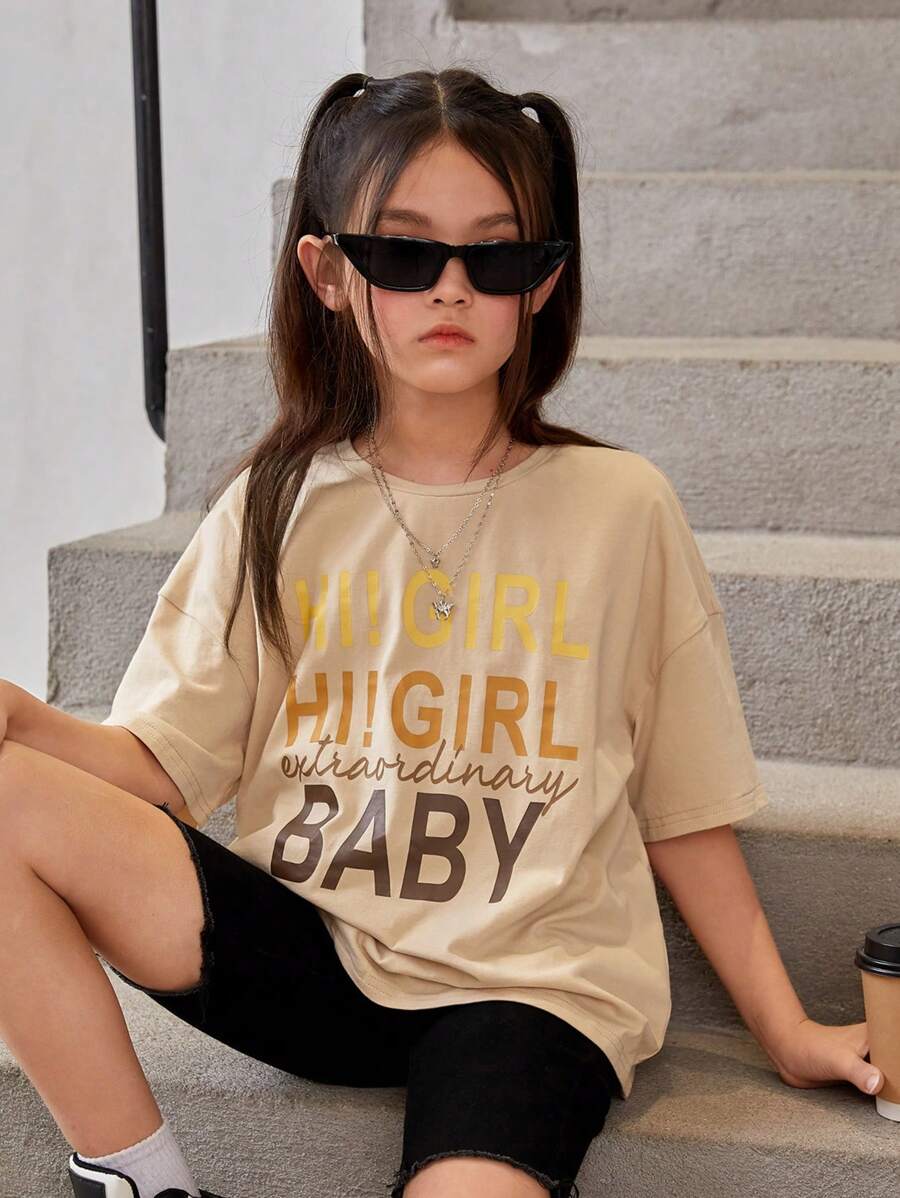 SHEIN 少女鬆身針織拼色休閒掉肩t恤,帶字母印花圖案 - 卡其色 - 查看 1