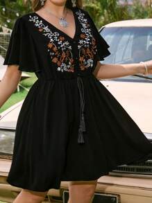 SHEIN VCAY Đầm Plus Size Thêu mép Thắt nơ trước Hoa Boho - màu đen - Xem 6