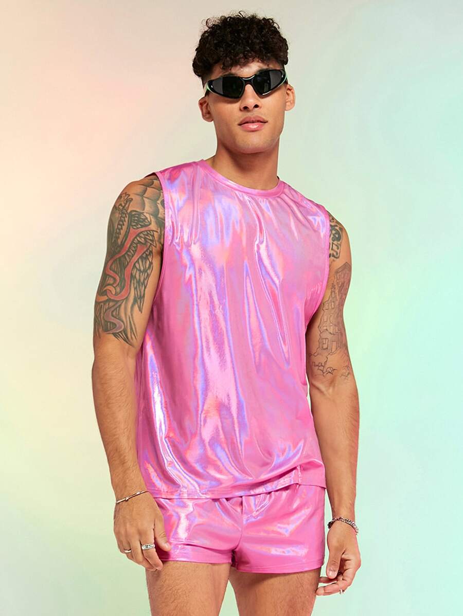 FeverCity Hombres de color metálico Top tank & Shorts - Rosa - Ver 1