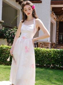 Đầm Nếp gấp Phần Ngực Hoa Giải trí - trắng - Xem 1