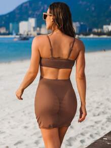 帶遮蓋衣的露肩式夏日沙灘比基尼套裝 - 棕色 - 查看 2