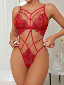 Classic Sexy Floral Lace Harness Teddy Bodysuit Lingerie - Red - View 3