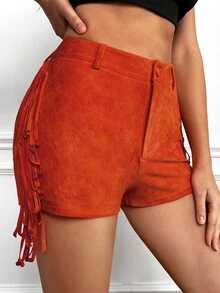 SHEIN SXY Fringe Trim Button Front Shorts - Burnt Orange - View 5