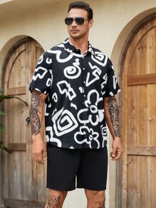 Manfinity LEGND Loose Fit Men's Plus Size Floral Print Shirt - Black and White - View 1
