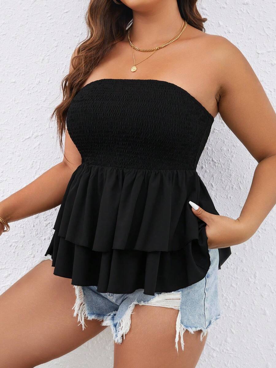 SHEIN LUNE Plus Smocked Knit Peplum Tube Top - Black - View 1