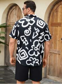 Manfinity LEGND Loose Fit Men's Plus Size Floral Print Shirt - Black and White - View 2