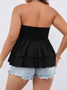 SHEIN LUNE Plus Smocked Knit Peplum Tube Top - Black - View 2
