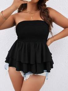 SHEIN LUNE Plus Smocked Knit Peplum Tube Top - Black - View 3