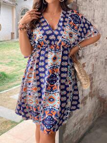 Breezaya Plus Striped & Geo Print Batwing Sleeve Dress - Multicolor - View 3