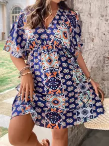 Breezaya Plus Striped & Geo Print Batwing Sleeve Dress - Multicolor - View 4