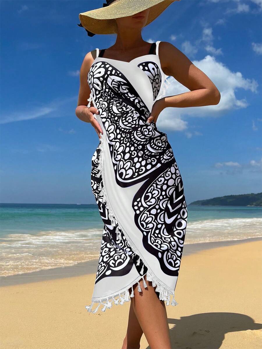 SHEIN Swim Butterfly Print Tassel Trim Cover Up Dress,Summer Beach - White - View 1