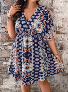 Breezaya Plus Striped & Geo Print Batwing Sleeve Dress - Multicolor - View 5