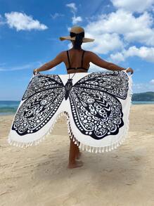 SHEIN Swim Butterfly Print Tassel Trim Cover Up Dress,Summer Beach - White - View 4