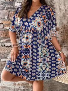 Breezaya Plus Striped & Geo Print Batwing Sleeve Dress - Multicolor - View 6