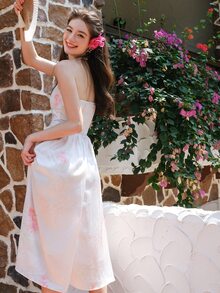 Đầm Nếp gấp Phần Ngực Hoa Giải trí - trắng - Xem 2