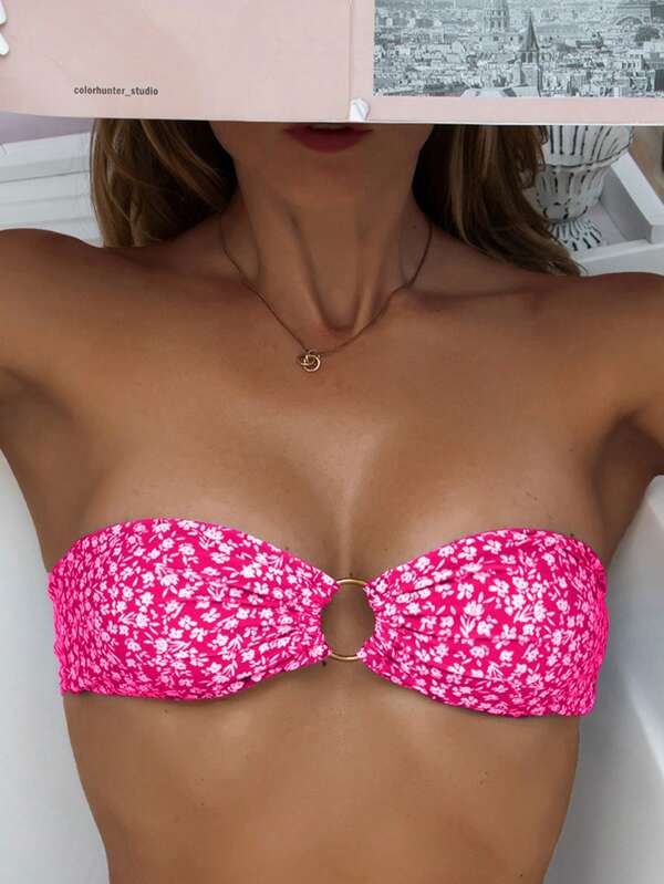 SHEIN Swim Summer Beach Ditsy Floral Print Ruched Bust Bandeau Bikini Top