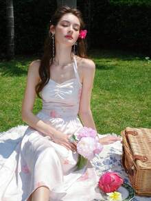 Đầm Nếp gấp Phần Ngực Hoa Giải trí - trắng - Xem 3