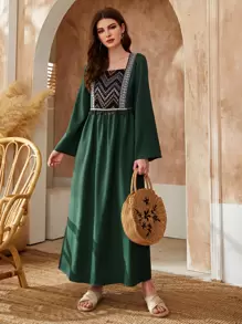 Al Najma Chevron Print Square Neck Fringe Detail Smock Dress - Dark Green - View 1