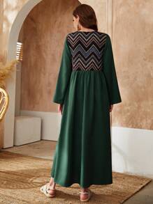 Al Najma Chevron Print Square Neck Fringe Detail Smock Dress - Dark Green - View 2
