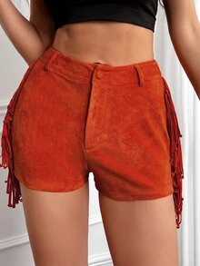 SHEIN SXY Fringe Trim Button Front Shorts - Burnt Orange - View 6