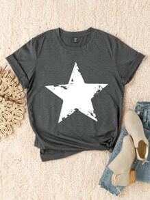 Flirla Camiseta de verano con estampado de estrella para talla grande - Gris Oscuro - Ver 1