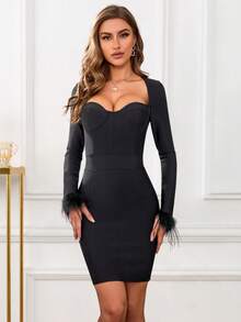 雞心領口毛茸茸袖口緊身連衣裙 - 黑色 - 查看 3