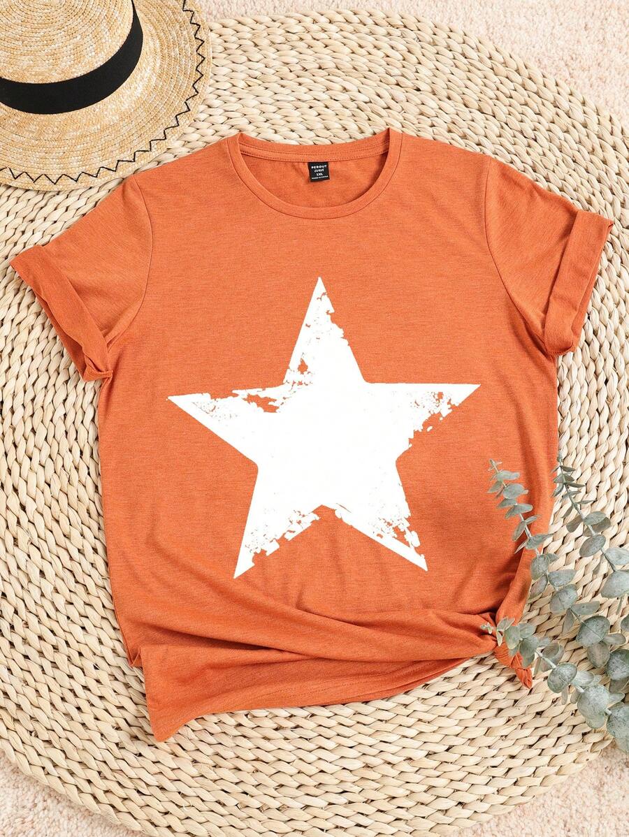 SHEIN Holidaya Áo thun in hình ngôi sao Plus Áo thun họa tiết cho nữ - trái cam - Xem 1