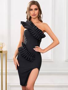 One Shoulder Ruffle Trim Split Thigh Dress - Black - View 4