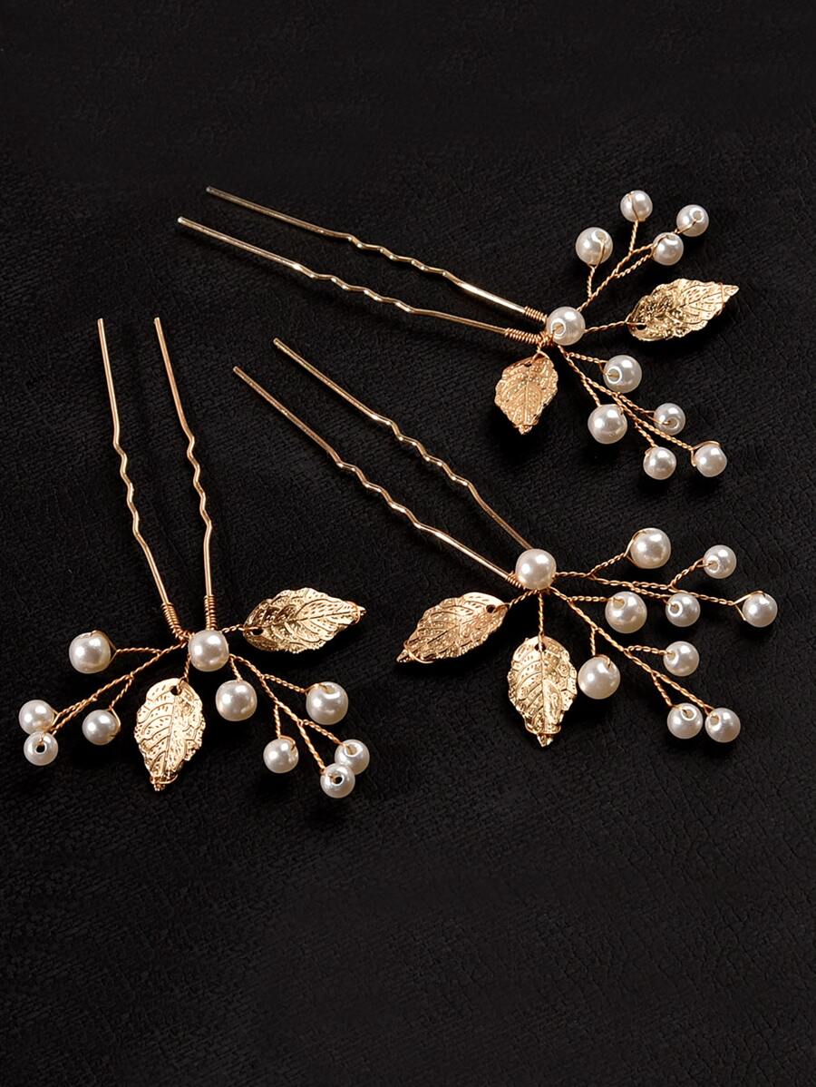 3pcs Pearl & Leaf Decor Elegant Hair Pin Boho Tiaras