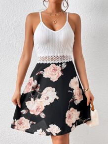 SHEIN Frenchy 印花拼接水溶蕾絲吊帶連衣裙 - 黑與白 - 查看 4