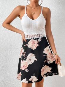 SHEIN Frenchy 印花拼接水溶蕾絲吊帶連衣裙 - 黑與白 - 查看 5